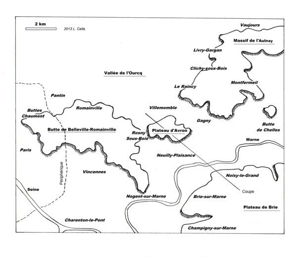 Figure 1 : Localisation du Plateau d'Avron entre la vallée de l'Ourcq et la vallée de la Marne.